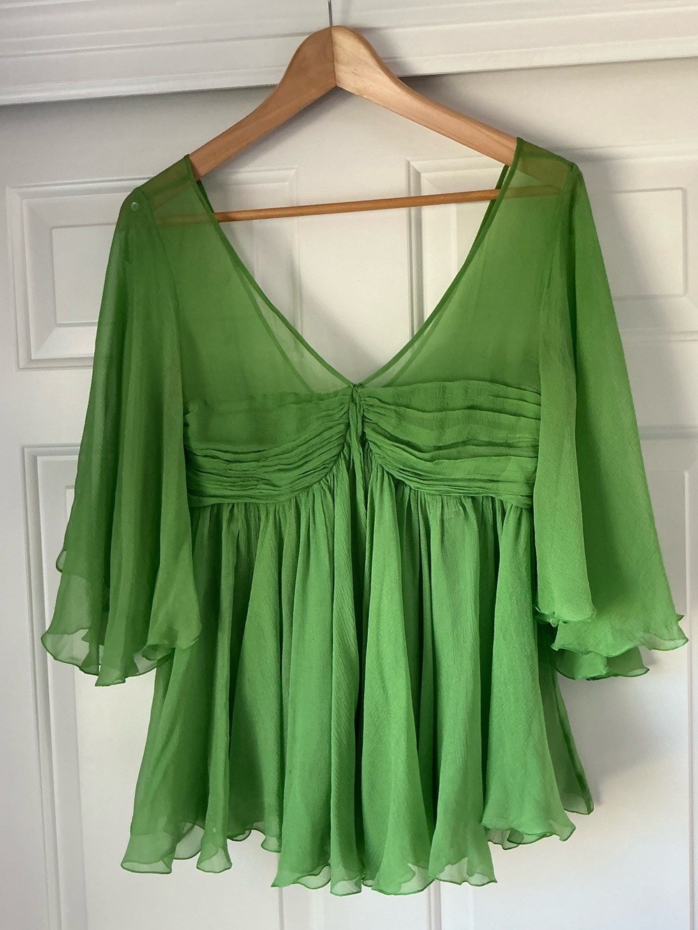 Chloe Sheer Green Chiffon Ruched V-Neck Flutter Sleeve Blouse 4-6